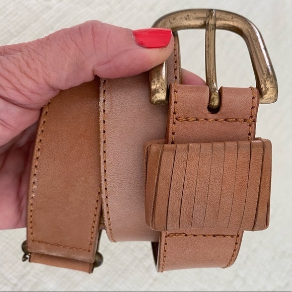 Vintage Designer Tan Italian Genuine Leather Solid Brass Belt Size Small DKNY